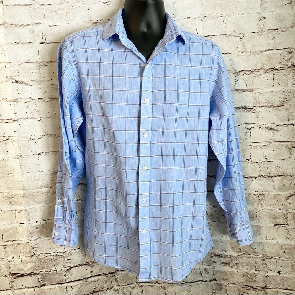 Buttoned Down Linen Cotton Plaid Casual Shirt Men Blue Medium Long Sleeve
